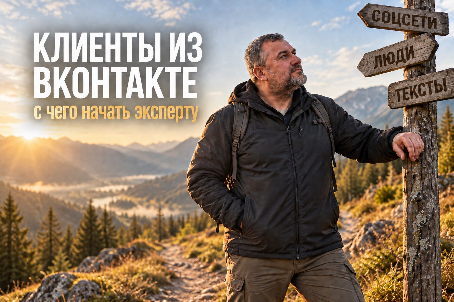 Денис Платонов у указателя на горной тропе — клиенты из ВКонтакте: с чего начать эксперту