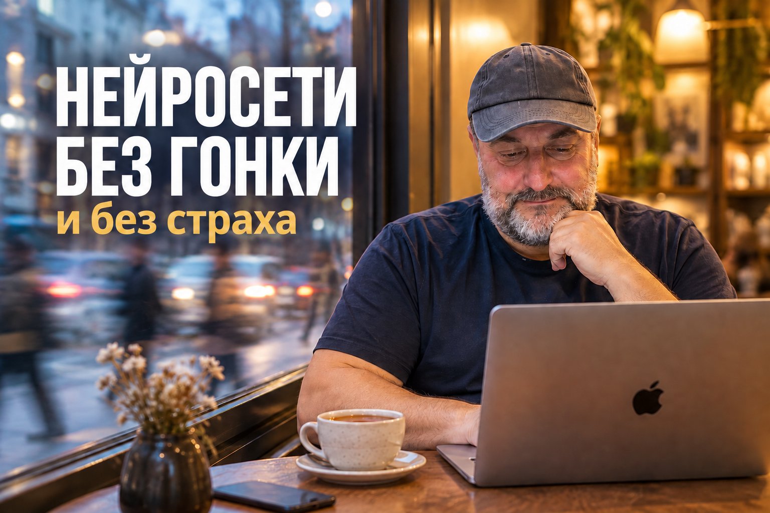 Денис Платонов спокойно работает с ноутбуком в кафе — нейросети без гонки и без страха