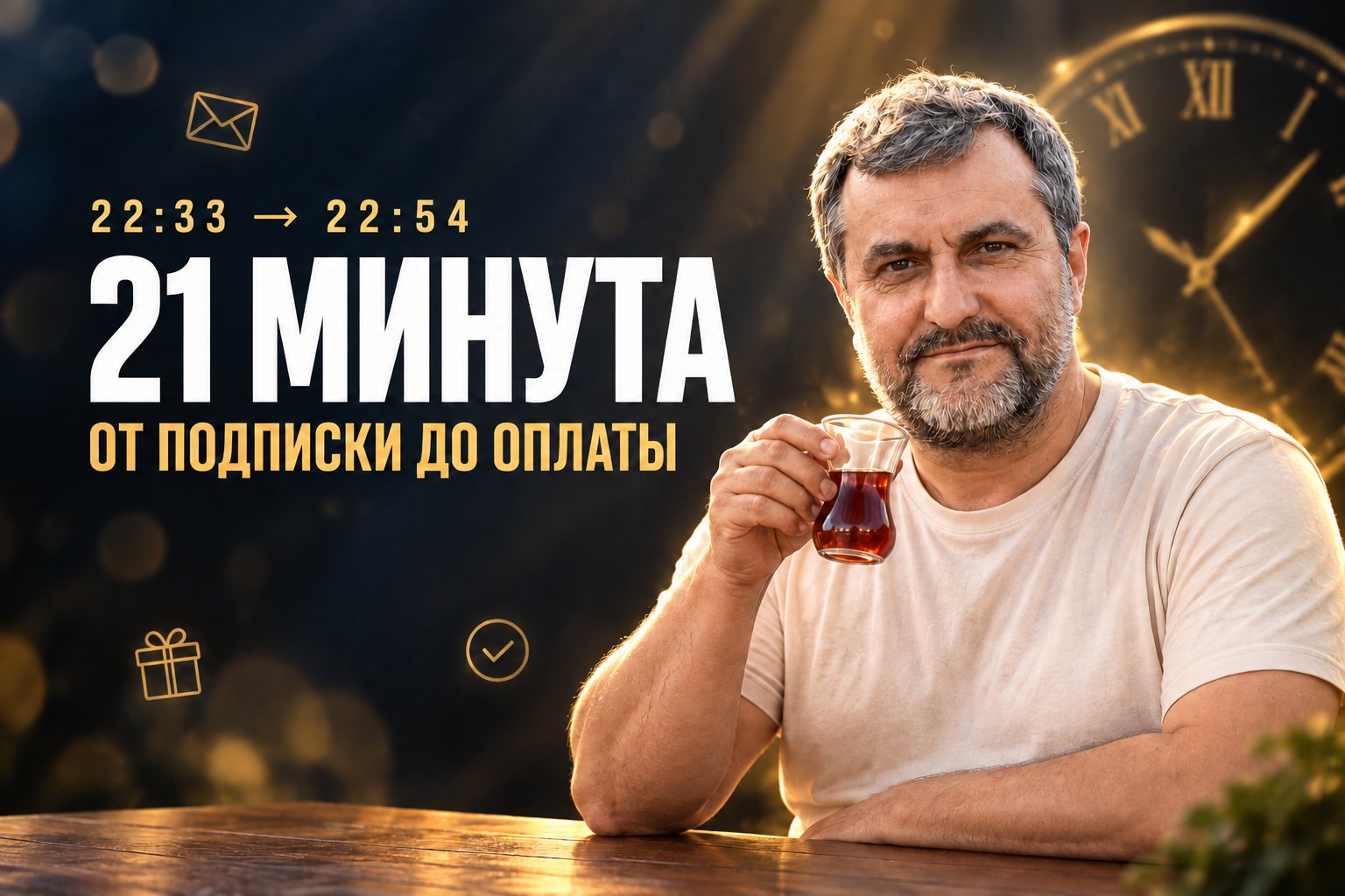 Часы показывают 21 минуту между подпиской и покупкой на личной странице ВКонтакте