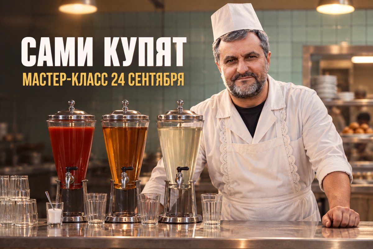 Денис Платонов в образе буфетчицы с советскими соками — статья «Сами купят»